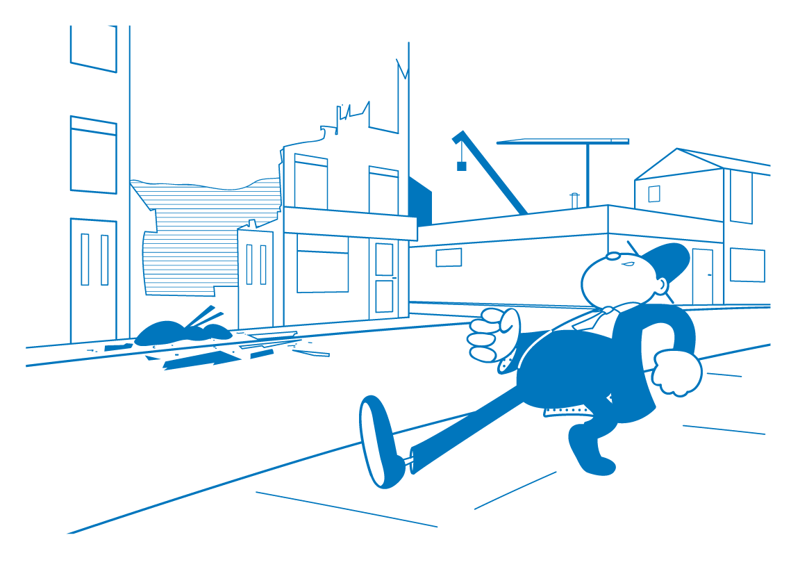 A man in a suit and tophat (think Mr. Monopoly)walks gleefully through a changing neighborhood. Building in the distance are under construction, and someone lies on the sidewalk across the street.
