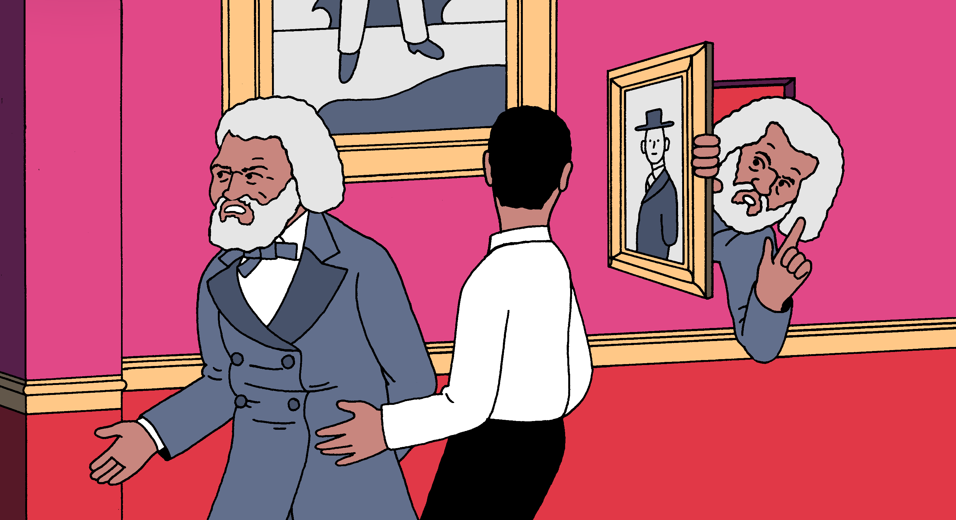 Fredrick Douglass walks through a hallway with a confidant by his side, a look of defiance on his face. The confidant looks back at another version of Douglass, who is peering out of a painting and giving him a warning look.