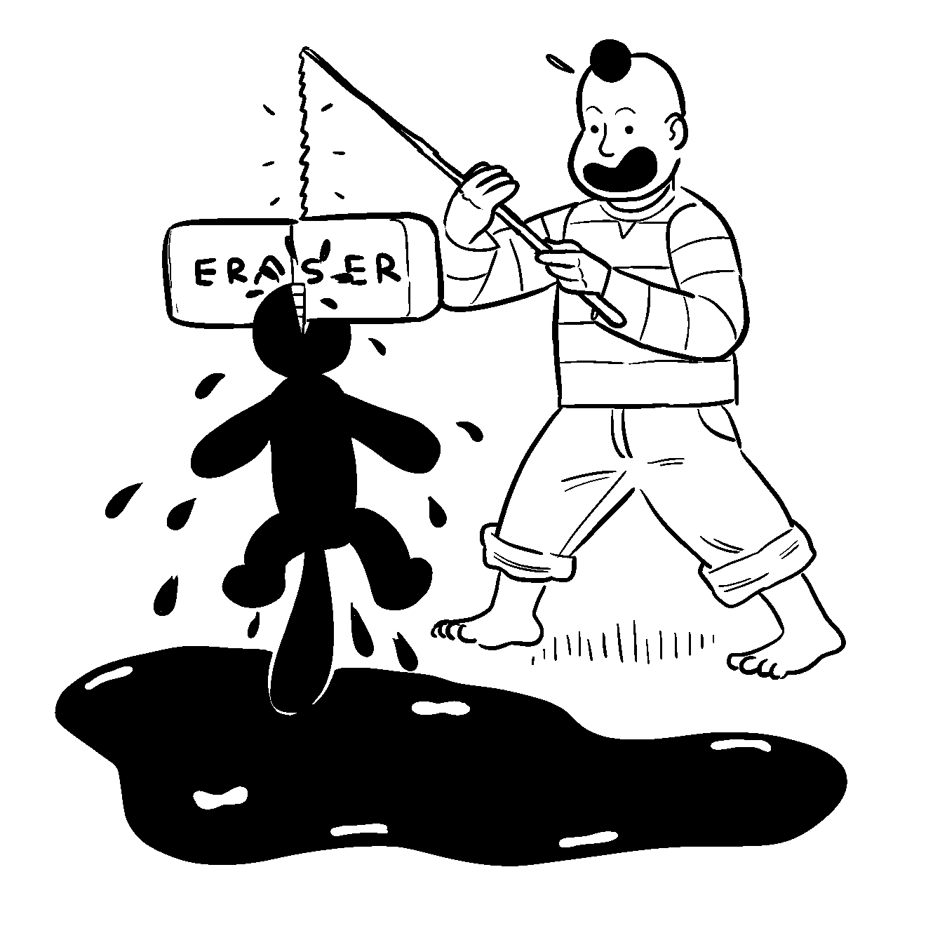 A man handles a giant eraser attached to a string on a stick, and his ink blot dog chomps down and hangs off of it.