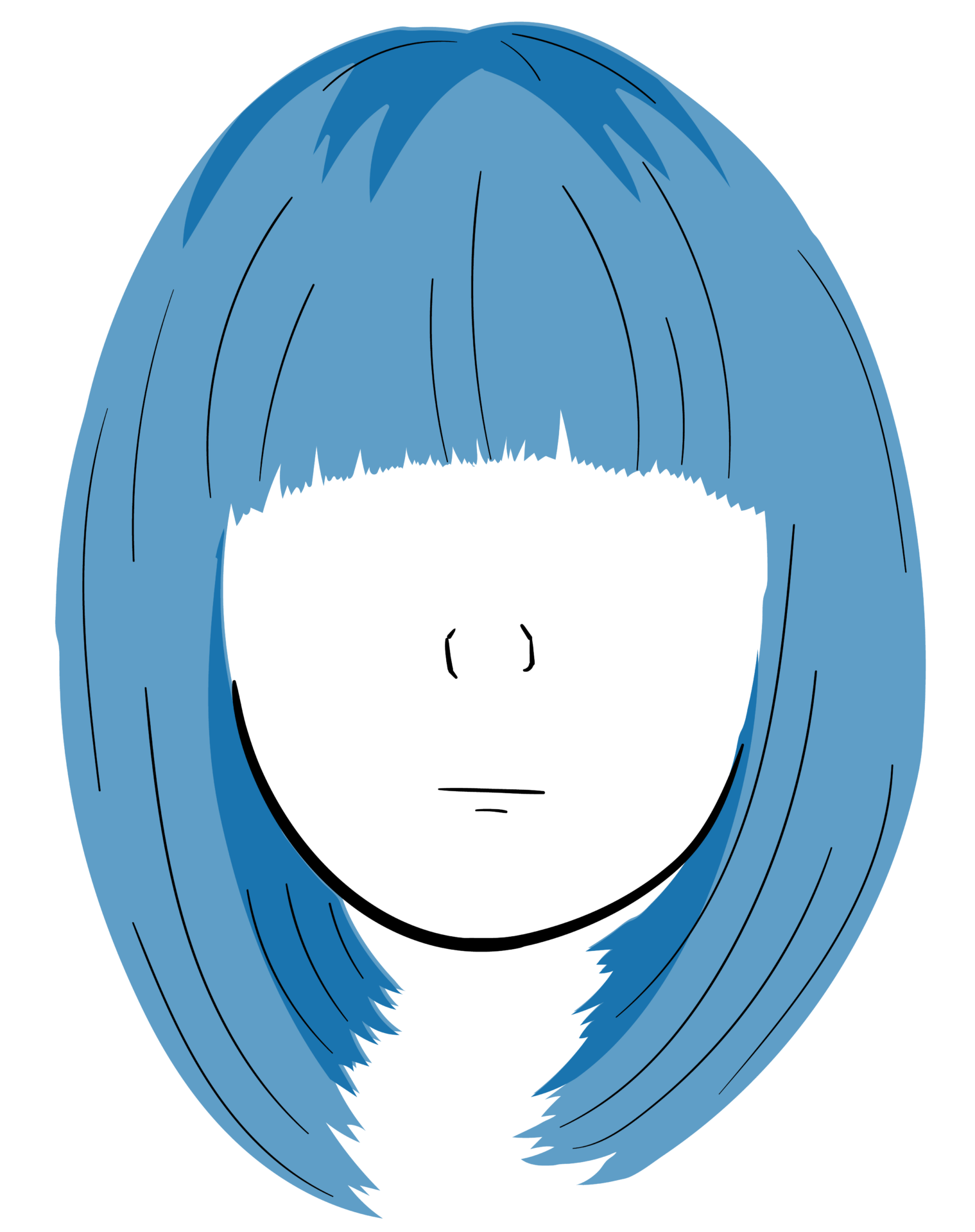 A floating head, with across the forehead bangs, medium length hair, and no face.