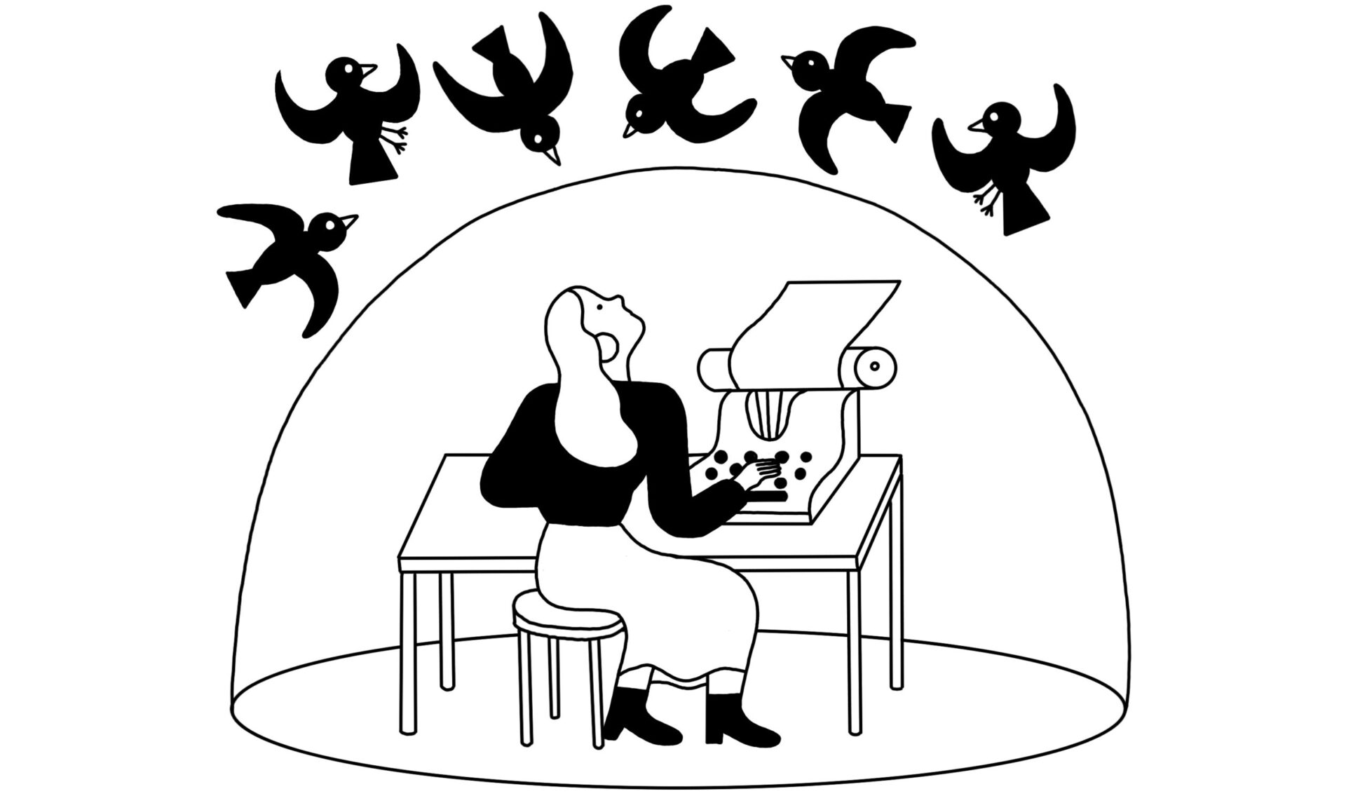 A woman sits at a typewriter inside a bubble, blocked from the outside world, and gazes up at the black birds flying directly outside of it.