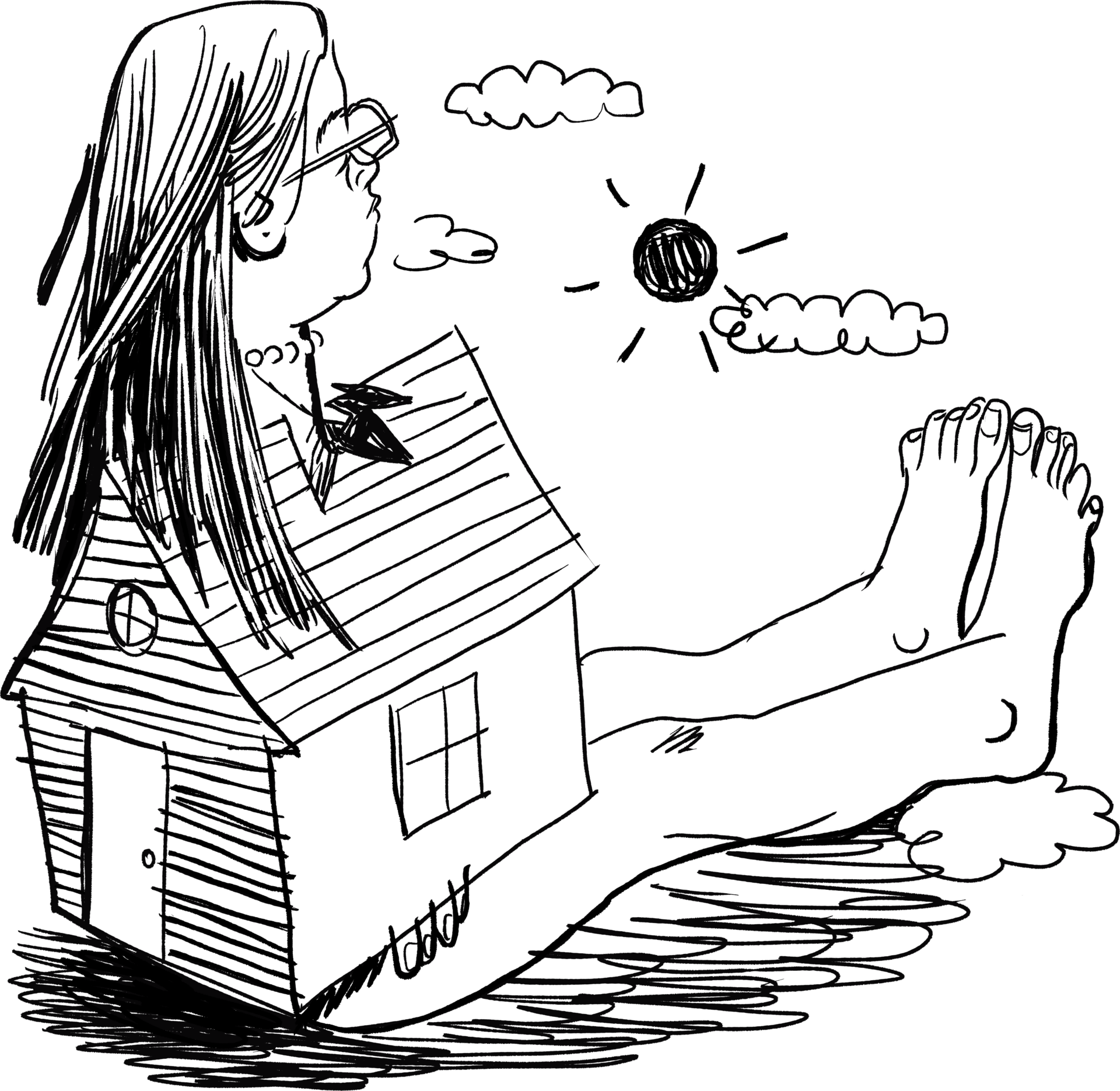 A woman takes shelter in a house. just big enough to cover her torso, her head sticking out of a hole in the roof. Her legs lay bare outside of the house as she watches the clouds float by.