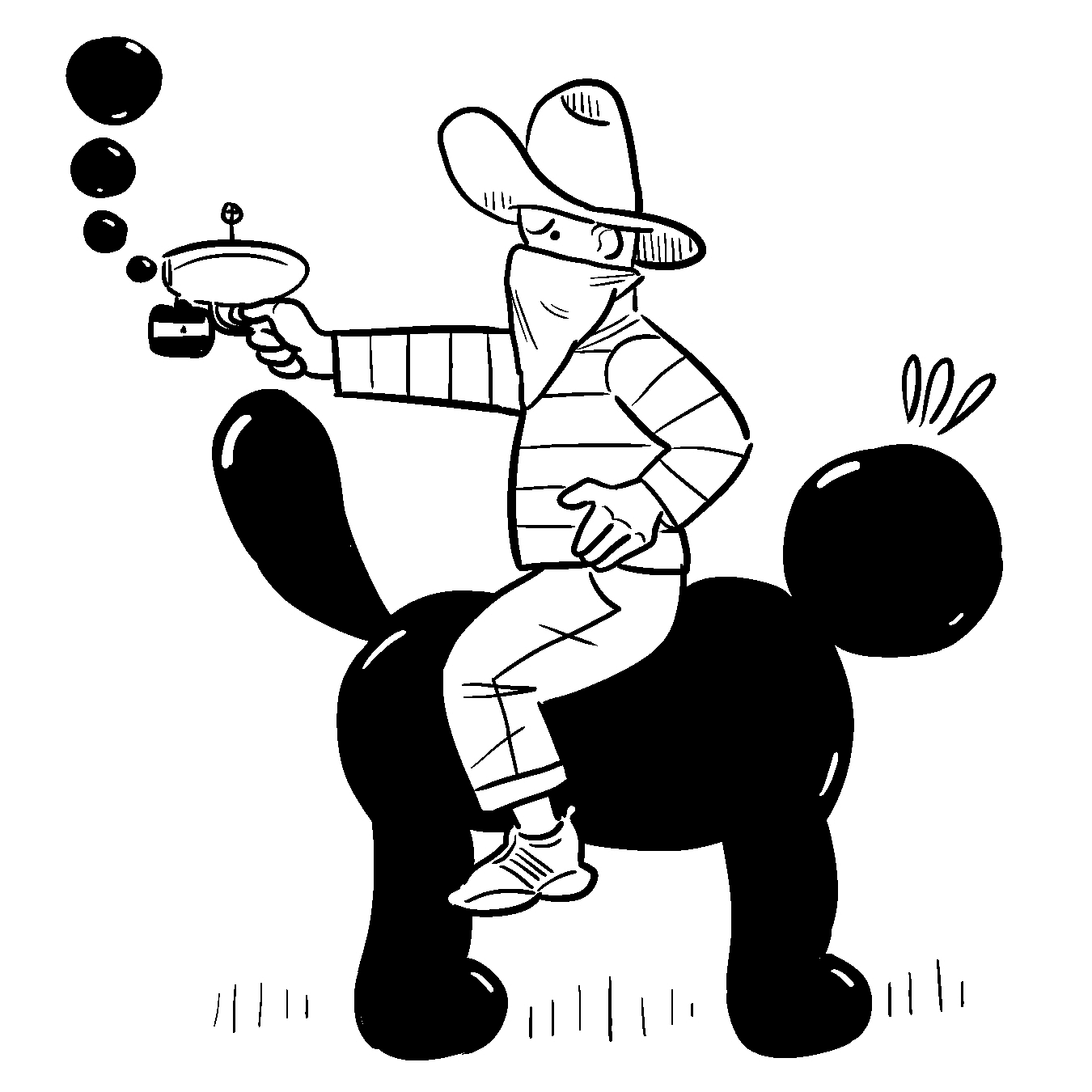 A cowboy rides a black figure, holding a gun that appears to be shooting bubbles, perhaps made of the same substance as the creature he's sits atop.