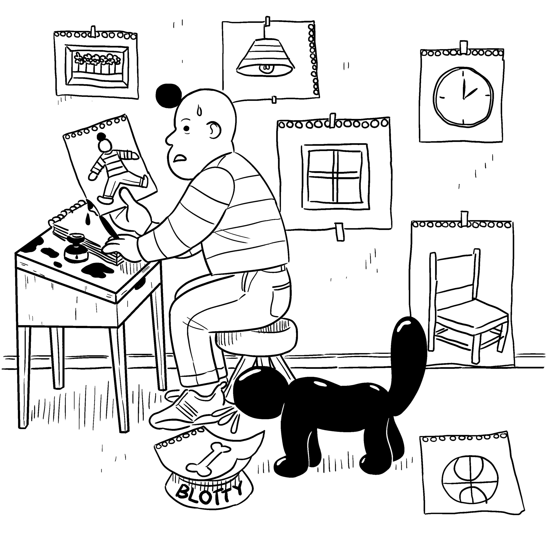 A man sits at his drawing table, looking nervously at his creation, as an ink blot dog barks in the background.